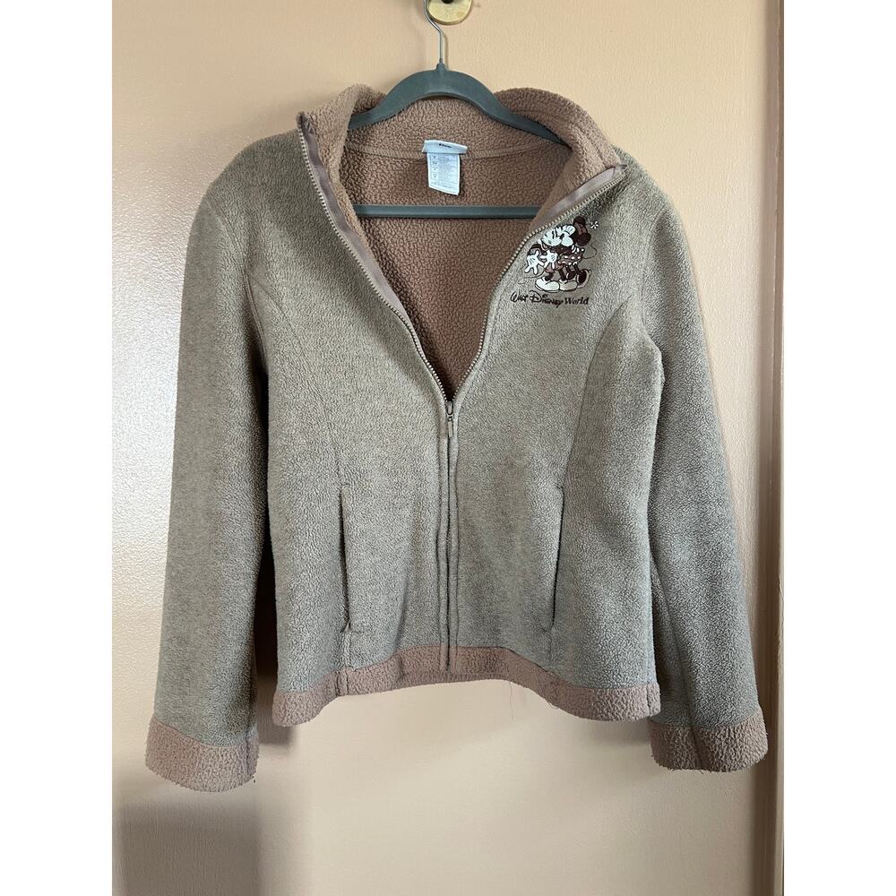 Walt Disney World Mickey Minnie Sherpa Fleece Zip Hoodie Womens Small Tan Beige